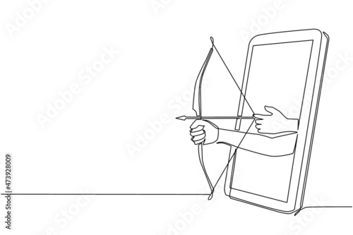 Single continuous line drawing archer hand holds arrow and bow through mobile phone. Smartphone with archery games app. Mobile sports stream championship. Dynamic one line draw graphic design vector