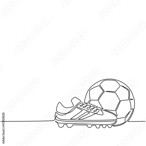 Single one line drawing football shoes and soccer ball. Football icon. Soccer ball boots. Sports inventory. Competitive and competition game tournament. Continuous line draw design vector illustration