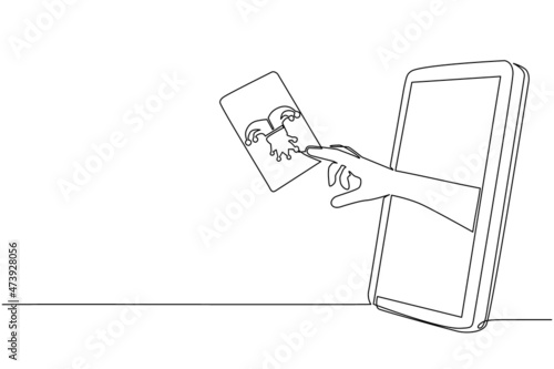 Single one line drawing player hand holds joker card through mobile phone. Smartphone with card games app. Mobile sports stream championship. Modern continuous line draw design vector illustration
