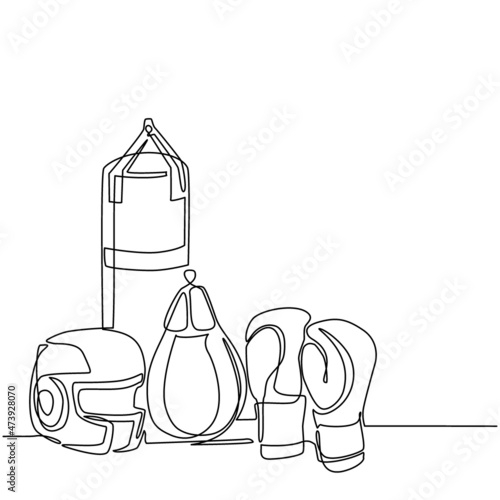 Continuous one line drawing boxing helmet and gloves. Sporting goods, defense and equipment. Boxing club. Gym to exercise. Kickboxing event. Fighter practice. Single line draw design vector graphic