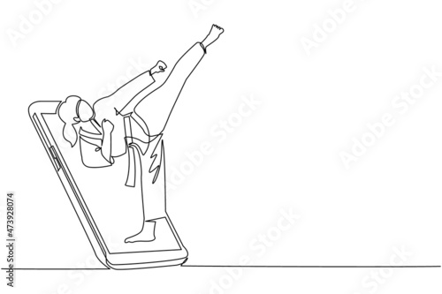 Single continuous line drawing taekwondo woman in fight uniform doing kick pose getting out of smartphone screen. Mobile sports matches. Online taekwondo game mobile app. One line draw design vector