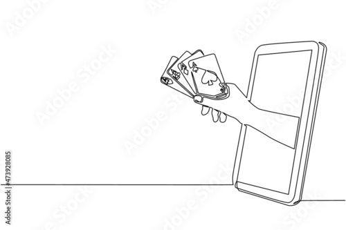 Single continuous line drawing player hand holds four aces card through mobile phone. Smartphone with poker card games app. Mobile sports stream championship. One line draw design vector illustration
