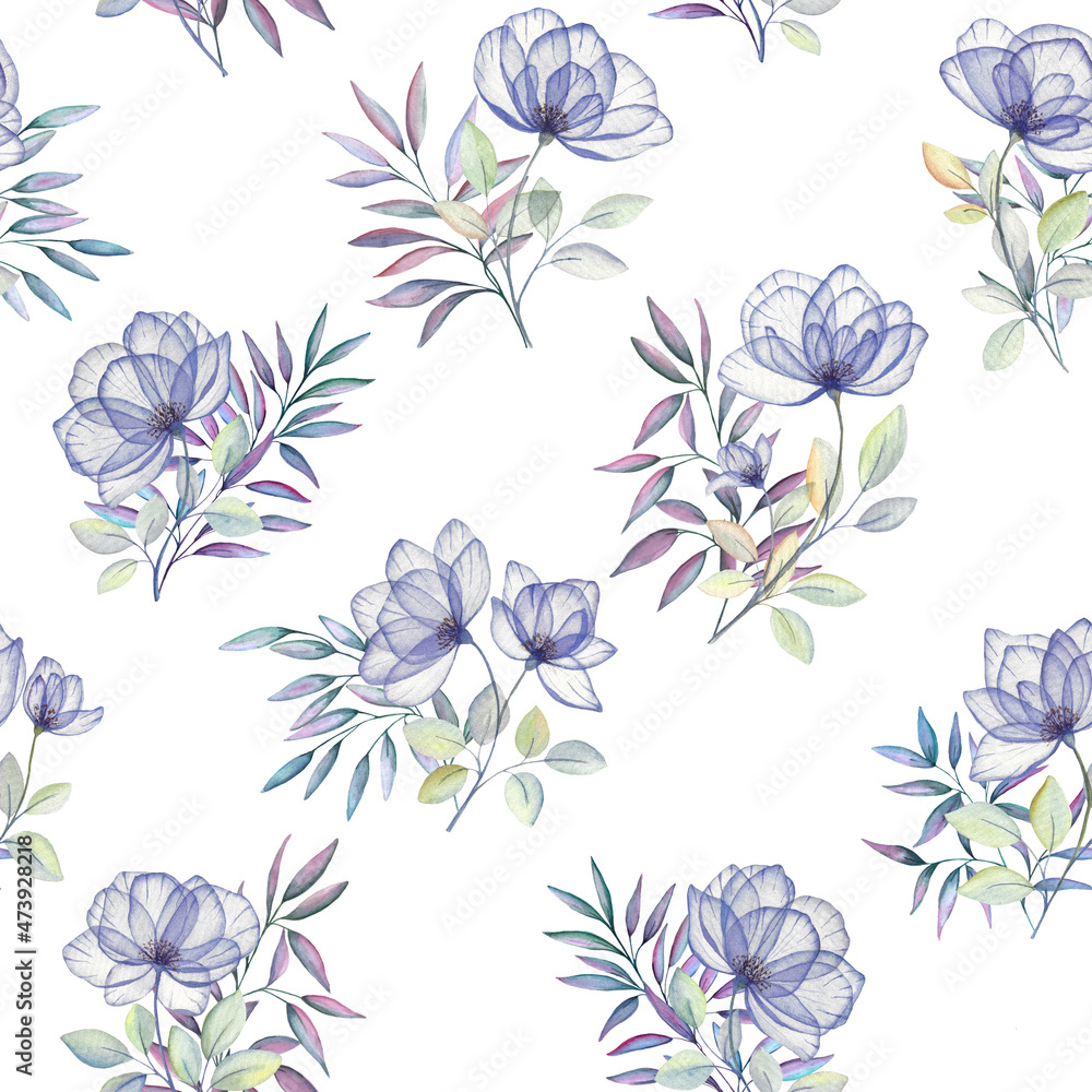 Watercolor seamless floral pattern. Purple roses botanical print. Spring flowers and leaves bouquet