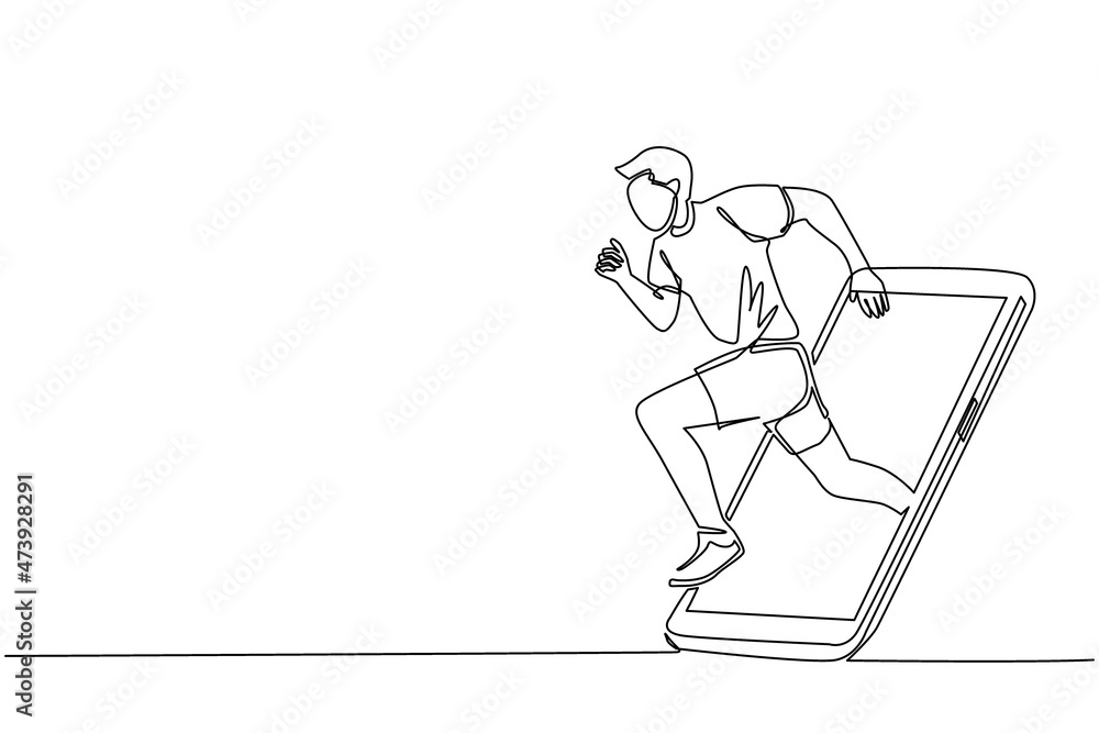 Vettoriale Stock Single one line drawing man runner focus to run fast at  track, getting out of smartphone screen. Mobile sports play matches. Online  run game with live mobile app. Continuous line