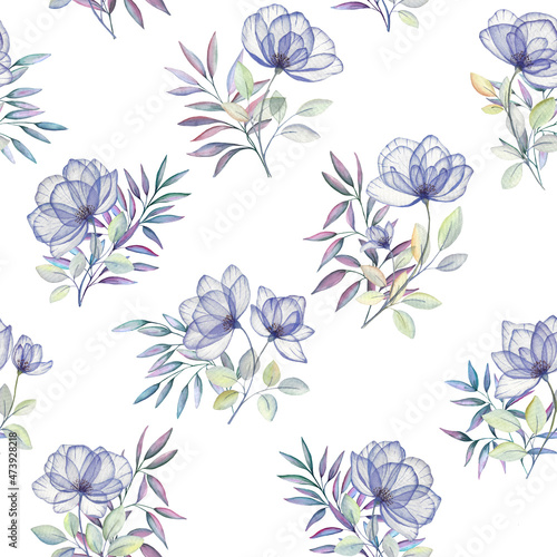 Watercolor seamless floral pattern. Purple roses botanical print. Spring flowers and leaves bouquet