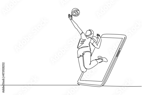Single continuous line drawing female professional volleyball player exercising jumping spike getting out of smartphone screen. Online volleyball game app. One line draw design vector illustration