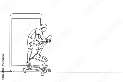 Continuous one line drawing man riding stationary bicycle and smartphone. Stationary bike. Static bike sports men in the gym, sports and health, fitness. Single line draw design vector illustration