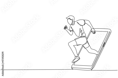 Single one line drawing man runner focus to run fast at track, getting out of smartphone screen. Mobile sports play matches. Online run game with live mobile app. Continuous line draw design vector