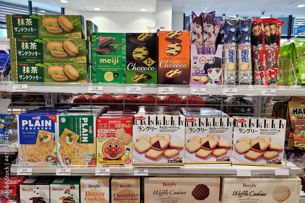 Various choices Japanese candy, chocolate and snacks in FamilyMart store Penang. FamilyMart is