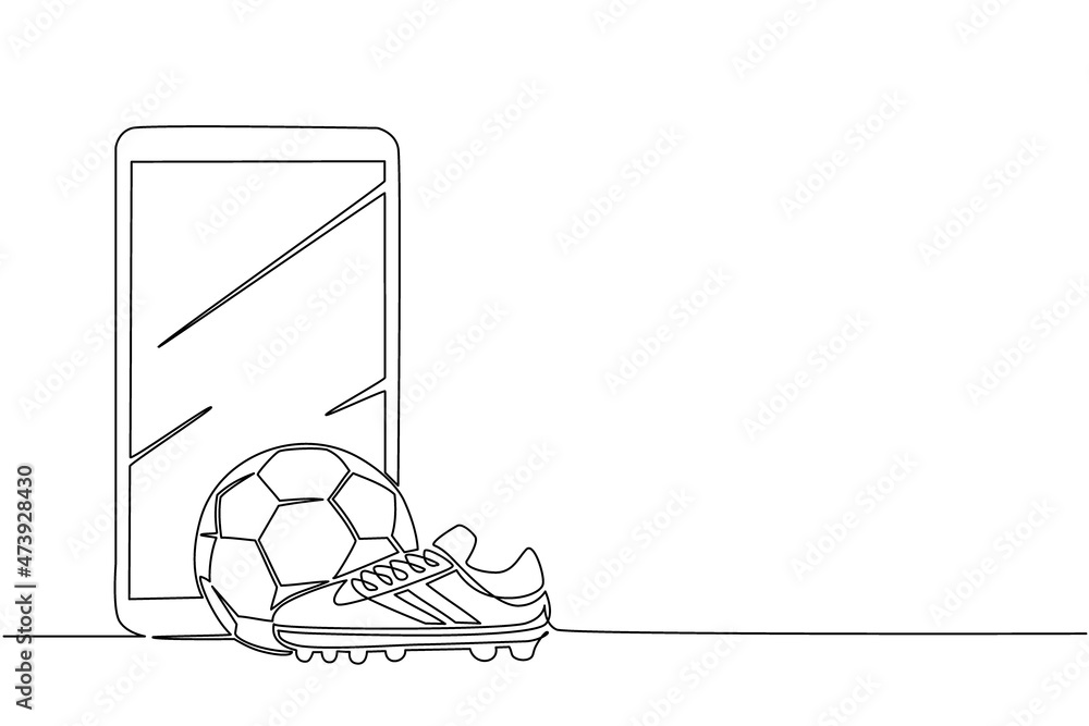 Fototapeta premium Single continuous line drawing smartphone and football shoes and soccer ball. Football icon. Soccer ball boots. Sport inventory. Online football games. Mobile applications. One line draw design vector