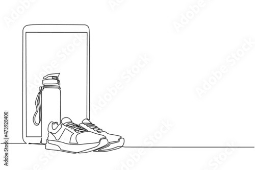 Single continuous line drawing running sneaker and mineral bottled water with smartphone. Idea of healthy and active lifestyle. Healthy lifestyle concept. Dynamic one line draw graphic design vector
