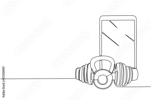 Single one line drawing round heavy kettlebell for sports and dumbbell icon with smartphone. Online or virtual fitness. Body building. Modern continuous line draw design graphic vector illustration