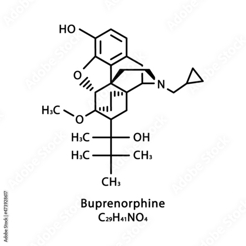 Buprenorphine molecular structure. Buprenorphine skeletal chemical formula. Chemical molecular formula vector illustration