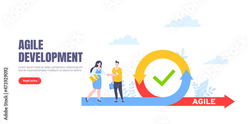 Agile development methodology business concept flat style design vector illustration isolated on white background. Agile life cycle for software development diagram. Business person run into project.