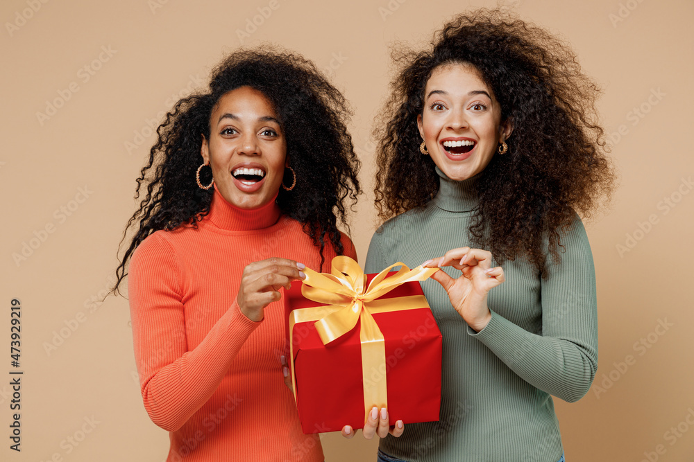 Two cheerful charming young curly black women friends 20s wear casual shirts clothes hold red present box with gift ribbon bow look camera isolated on plain pastel beige background studio portrait Two cheerful charming young curly black women friends 20s wear casual shirts clothes hold red present box with gift ribbon bow look camera isolated on plain pastel beige background studio portrait