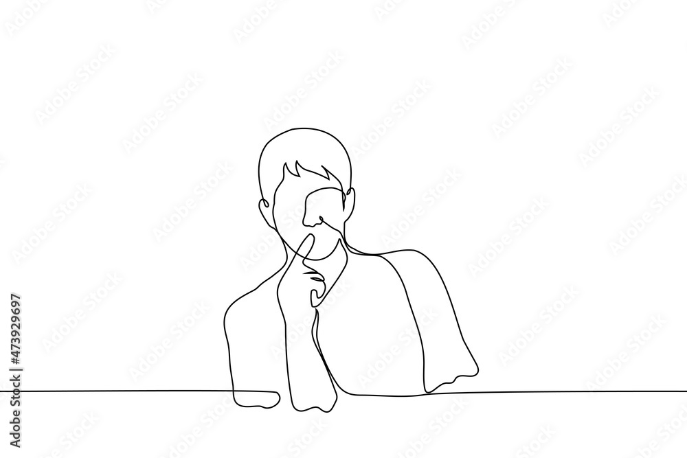 man stands poking his index finger to his lips in thought - one line drawing vector. concept of reflection, problem solving, reverie, mental stress man stands poking his index finger to his lips in thought - one line drawing vector. concept of reflection, problem solving, reverie, mental stress