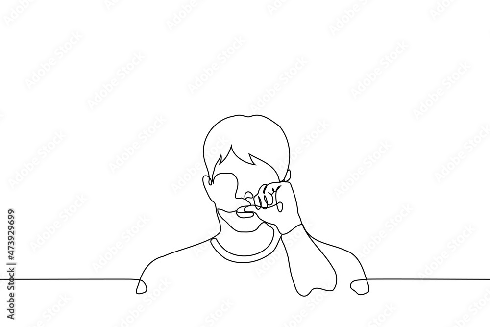 man gnaws thumbnail - one line drawing vector. concept of the bad habit of biting nails, biting off burr, biting fingers because of nervousness man gnaws thumbnail - one line drawing vector. concept of the bad habit of biting nails, biting off burr, biting fingers because of nervousness