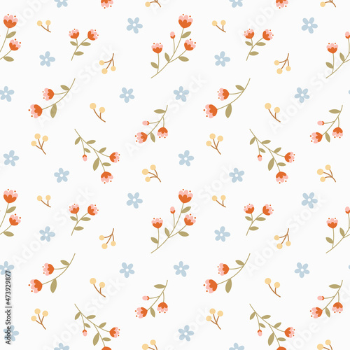 Seamless pattern with cute flowers and berries.