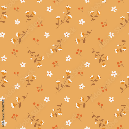 Seamless pattern with cute flowers and berries.