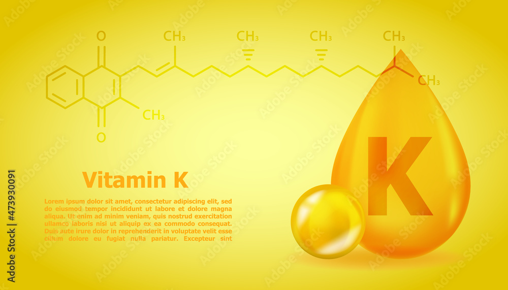 Realistic K Phylloquinone Vitamin drop with structural chemical formula