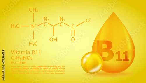 Realistic B11 L-carnitine Vitamin drop with structural chemical formula. 3D Vitamin molecule B11 L-carnitine design. Drop pill capsule.