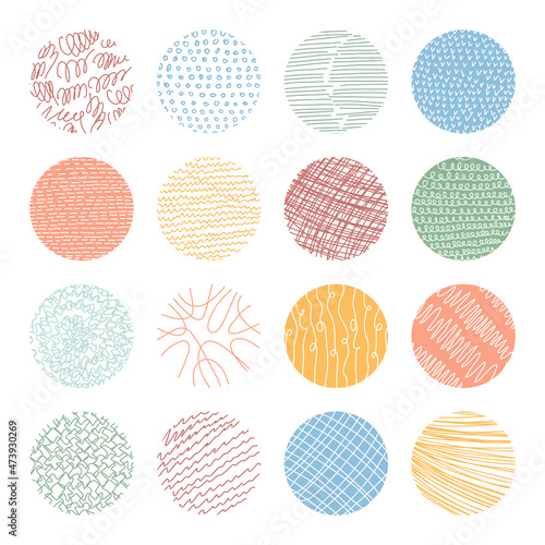 Vector set of round abstract backgrounds. Contemporary trend illustration. Patterns of hand drawn curves, lines, points, spots. Doodle icons set for social networks, posters, design templates © lydmylaishchenko