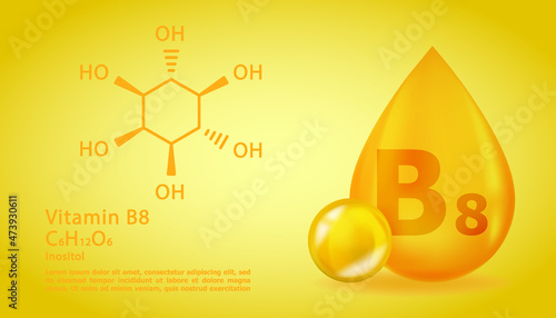 Realistic B8 Inositol Vitamin drop with structural chemical formula. 3D Vitamin molecule B8 Inositol design. Drop pill capsule.