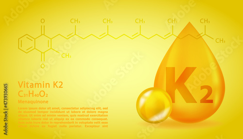 Realistic K2 Menaquinone Vitamin drop with structural chemical formula. 3D Vitamin molecule K2 Menaquinone design. Drop pill capsule.