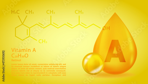 Realistic A Retinol Vitamin drop with structural chemical formula. 3D Vitamin molecule A Retinol design. Drop pill capsule.