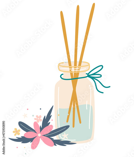 Home incense. Aromatherapy. Aroma diffuser, essential oil, aromatic bag sachet, incense stick. Cartoon Vector illustration.
