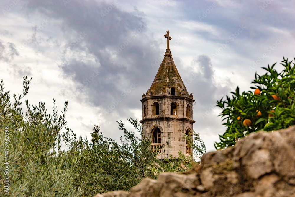 A view of the Franciscan monastery bell tower in Cavtat, Croatia.