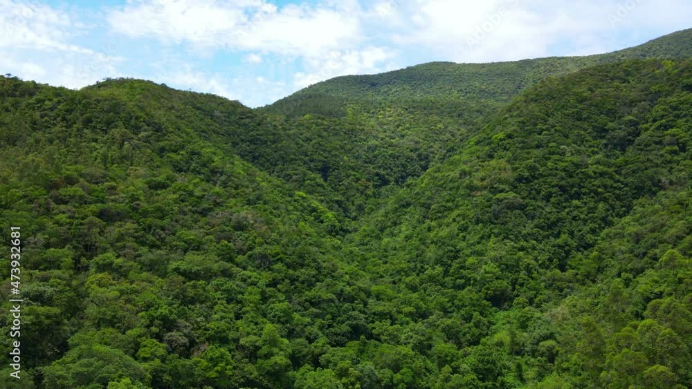 Aerial drone view of a green valley with hills and dense forest. Aerial drone view of a green valley with hills and dense forest.