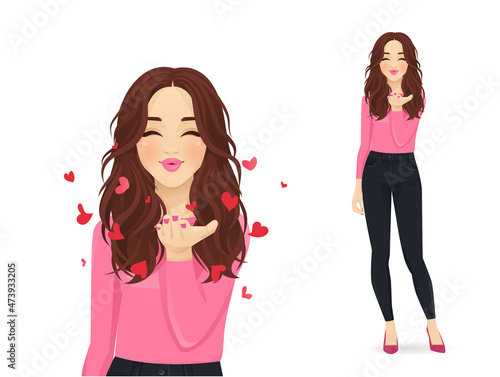 Young beautiful woman sends air kiss vector illustration isolated