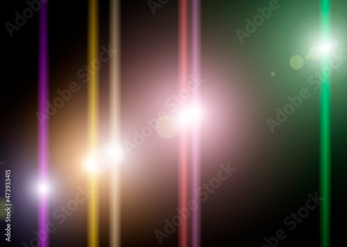 Abstract sunlights rays effect. Bright sun or laser cosmic rays  flashes and sparkle particles of light with optical lens over lay effect on empty black background. 