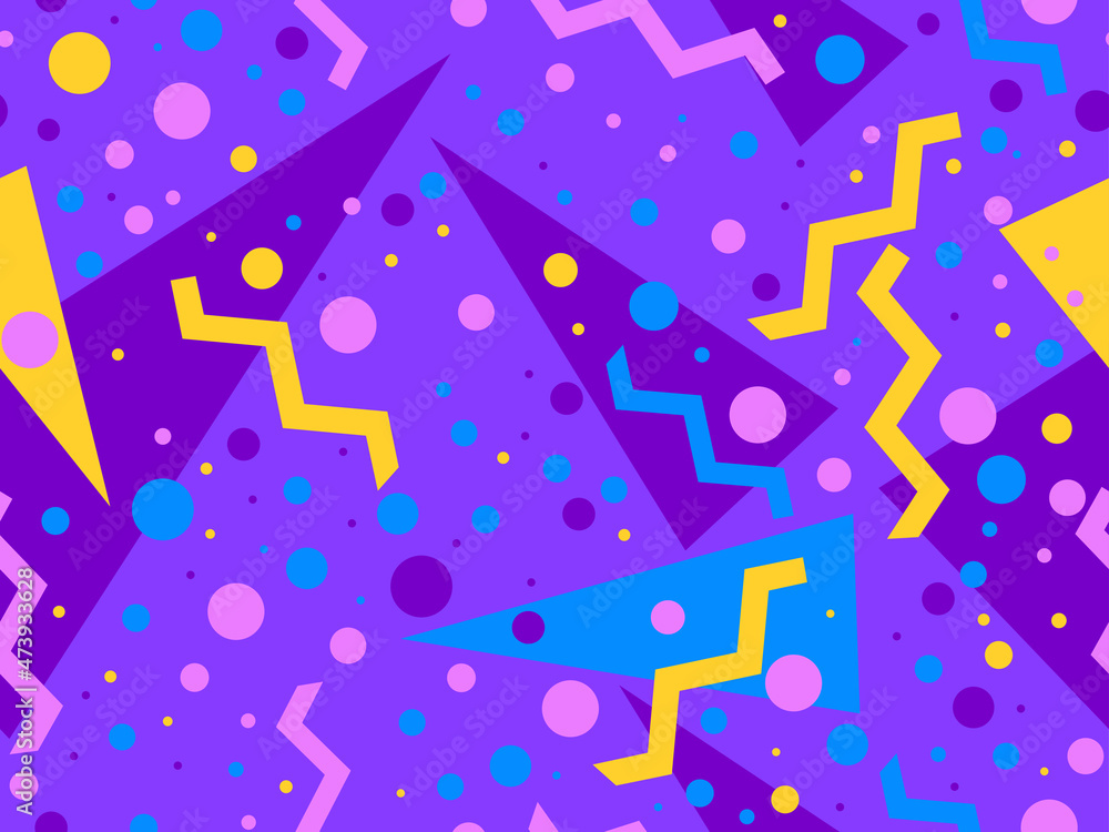 Geometric seamless pattern in 80s memphis style. Colorful background with geometric shapes. Design for promotional products, wrapping paper, brochures and printing. Vector illustration Geometric seamless pattern in 80s memphis style. Colorful background with geometric shapes. Design for promotional products, wrapping paper, brochures and printing. Vector illustration