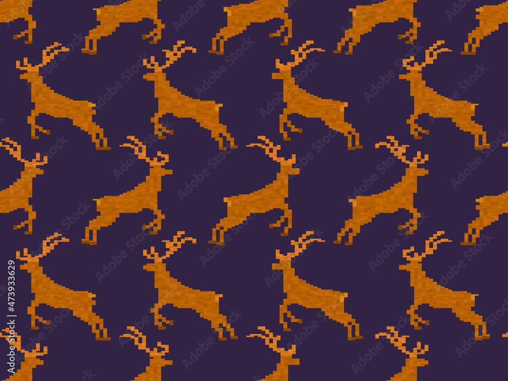 Pixel deer seamless pattern. 8-bit Christmas background with deer in pixel art style. Retro 8-bit video game. Design for printing, wrapping paper and advertising. Vector illustration
