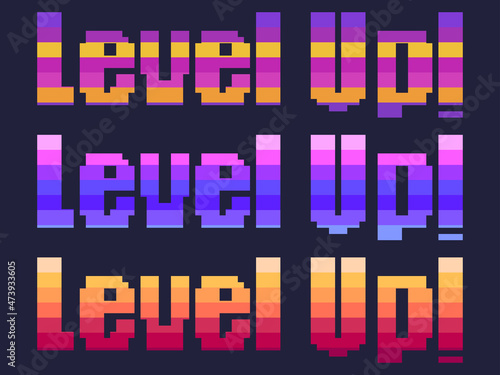 Level up! pixel art. Achievement in the game, leveling up. Text in 8-bit retro video game style from 80s - 90s. Design for printing, wrapping paper and advertising. Vector illustration