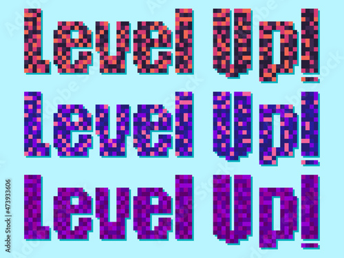 Level up! pixel art. Achievement in the game, leveling up. Text in 8-bit retro video game style from 80s - 90s. Design for printing, wrapping paper and advertising. Vector illustration
