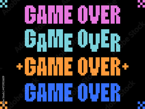 Game over, pixel art. Pixel text informing about the loss in the game. Text in 8-bit retro video game style from 80s - 90s. Design for printing, wrapping paper and advertising. Vector illustration