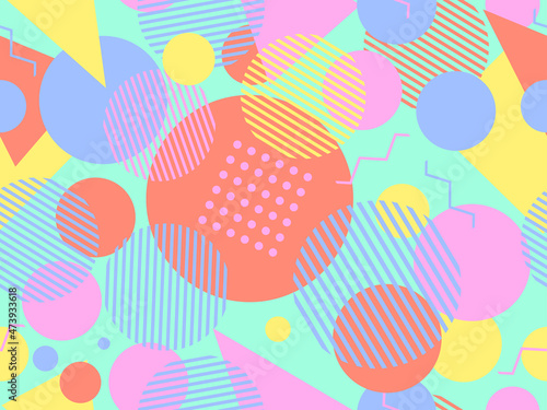 Geometric seamless pattern in 80s memphis style. Colorful background with geometric shapes. Design for promotional products, wrapping paper, brochures and printing. Vector illustration