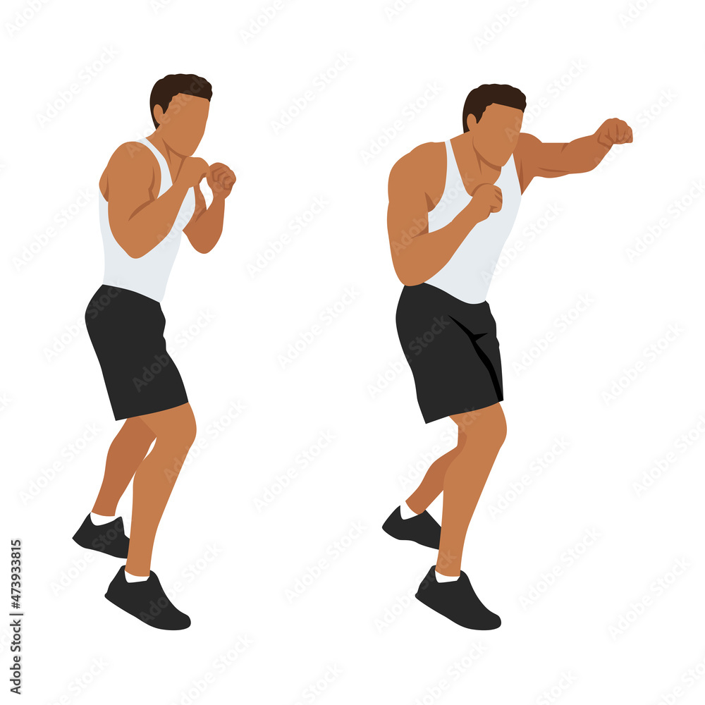 Vetor de Man doing shadow boxing exercise. Flat vector illustration  isolated on different layers. Workout character do Stock