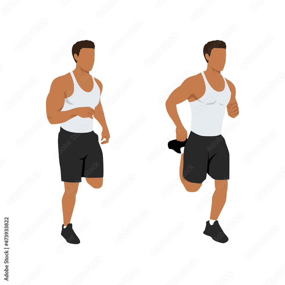 Man doing butt kicks exercise. Flat vector illustration isolated on white background. Workout character set Man doing butt kicks exercise. Flat vector illustration isolated on white background. Workout character set