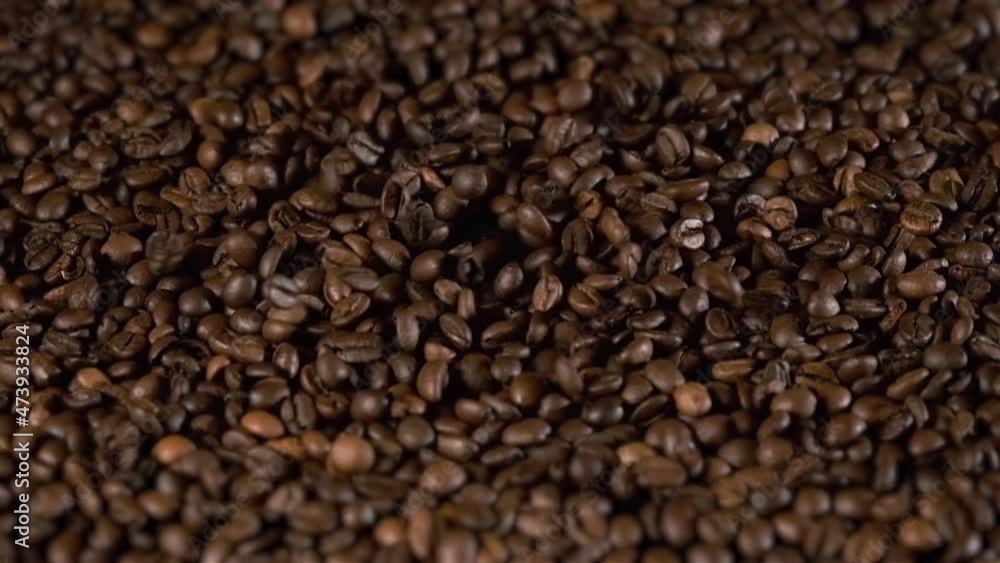 Lots of Aroma Roasted Coffee Beans Falling on a Pile, Slow Motion Lots of Aroma Roasted Coffee Beans Falling on a Pile, Slow Motion