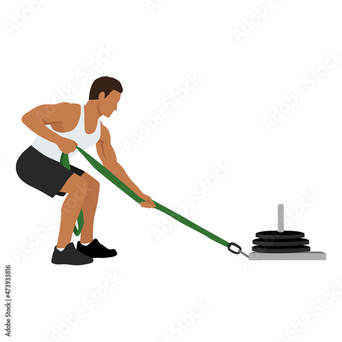 Man doing sled pulls exercise. Flat vector illustration isolated on white background with layer. Workout character