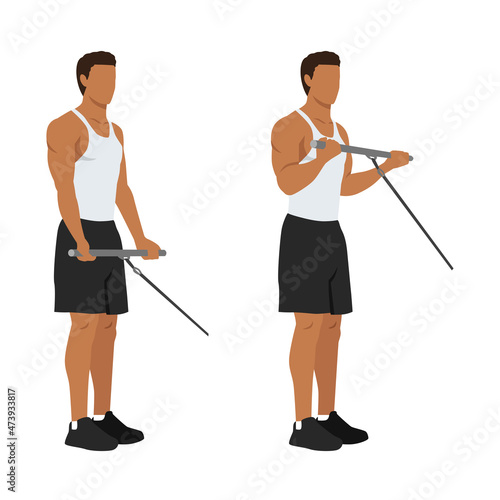 Man doing standing bicep cable curls exercise. Flat vector illustration isolated on different layer. Workout character