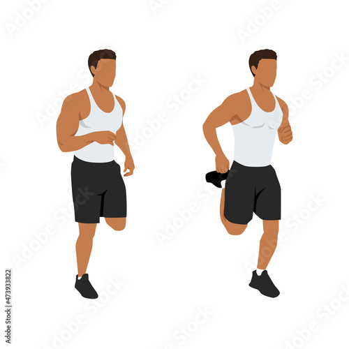 Man doing butt kicks exercise. Flat vector illustration isolated on white background. Workout character set