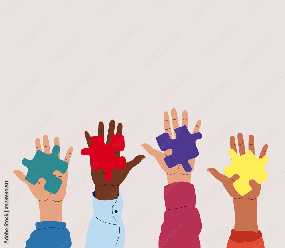cooperation of people of different nationalities, together people are holding a puzzle, hands are raised up