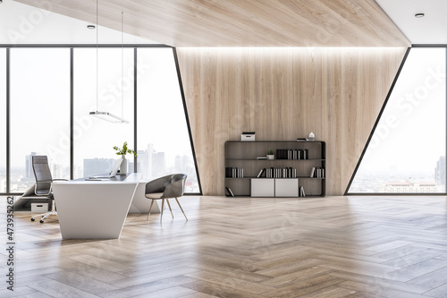 Fotografia Modern wooden designer office interior with reflections, furniture, window with panoramic city view