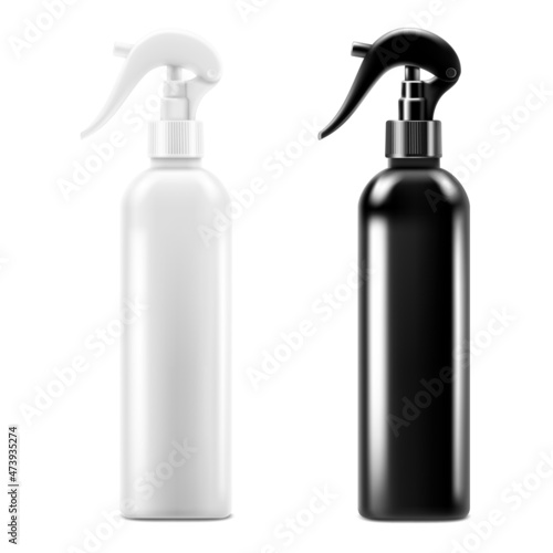 Bottles with atomizer. Mock up bottles cosmetic or medical vial, flask, falcon. Plastic spray bottles, black and white colour, realistic 3d vector illustration, Isolated On White Background.