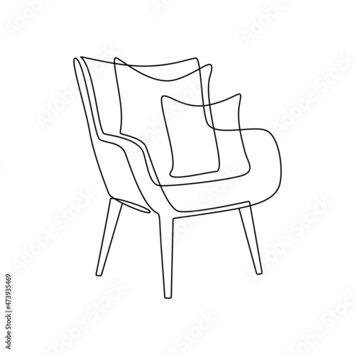 Modern furniture armchair with pillows for home interior in trendy scandinavian style outline contour lines. Simple linear silhouette of comfy chair. Doodle draft vector illustration